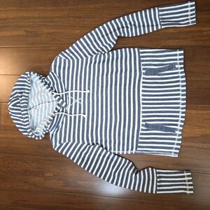 J. CREW BLUE & WHITE STRIPED NAUTICAL HOODIE SWEATSHIRT POCKETS XS